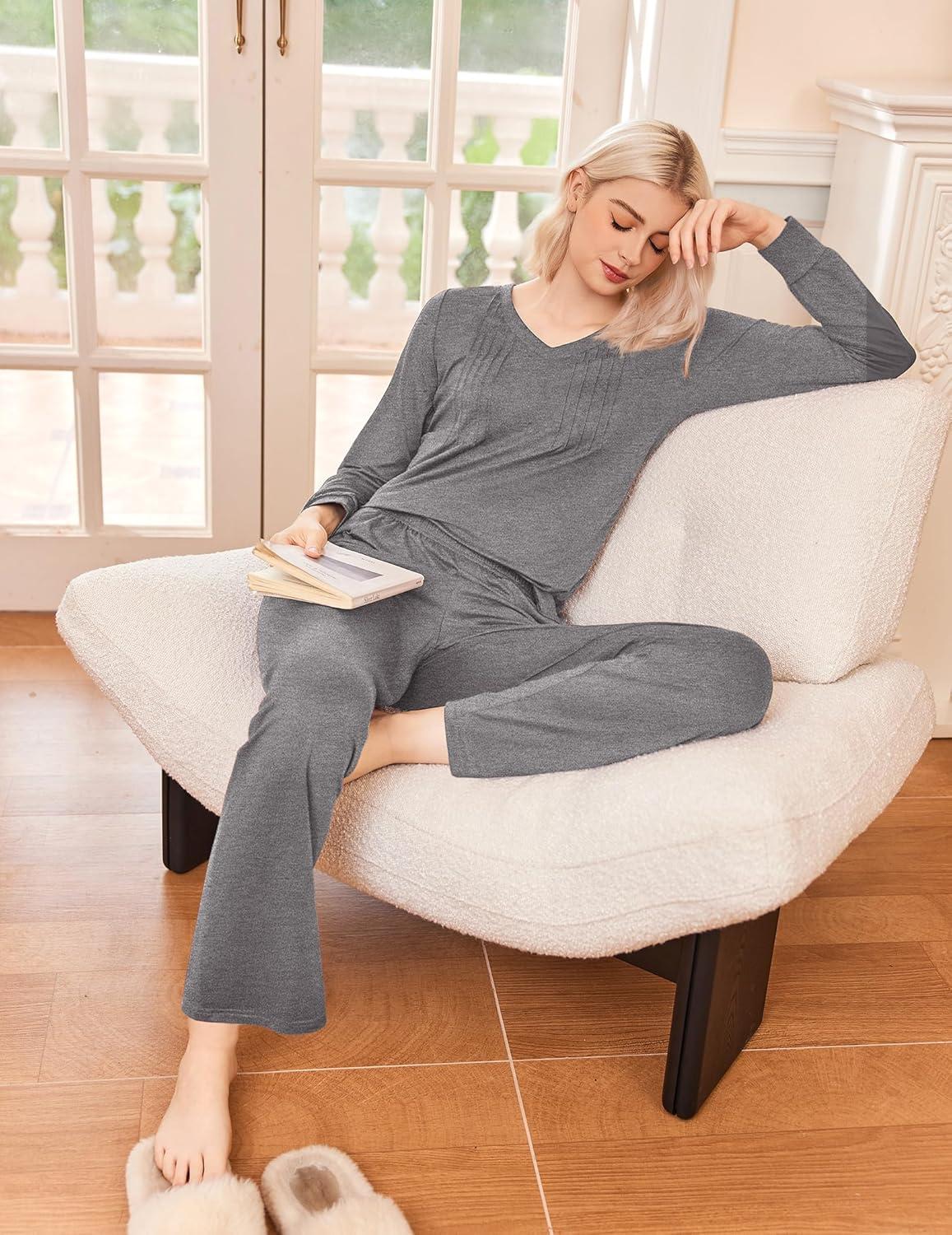 imageEkouaer Womens Pajama Sets Long Sleeve Sleepwear 2 Piece Lounge Set Soft Pjs NightwearDark Gray