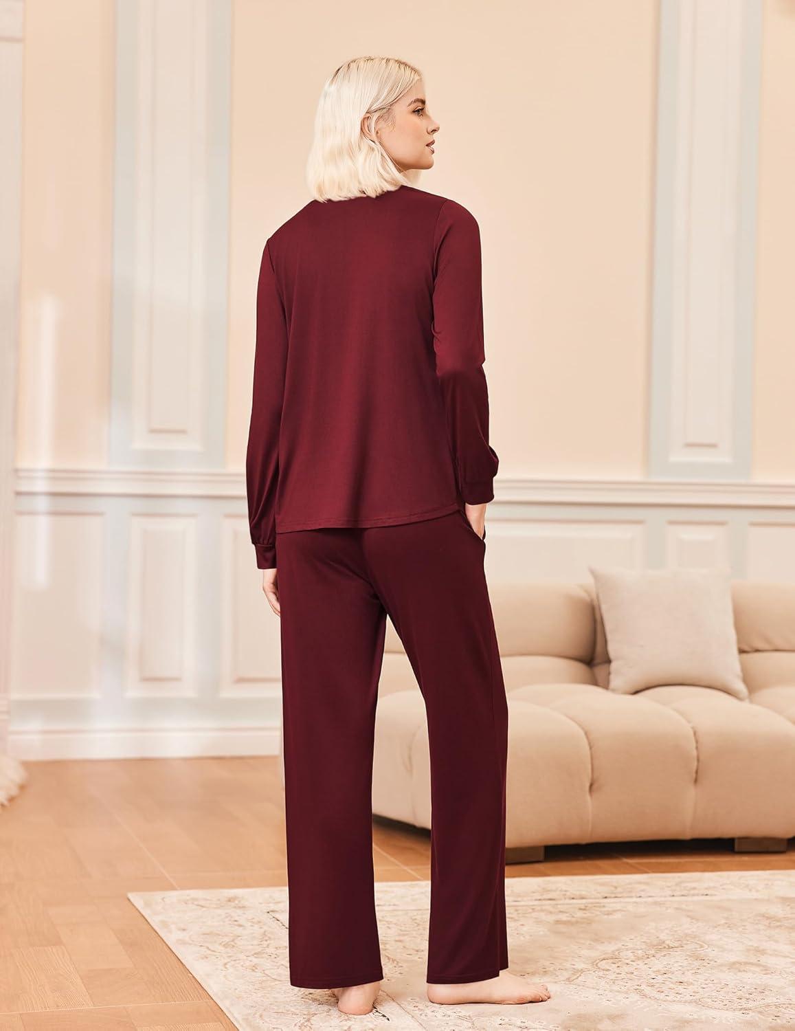 imageEkouaer Womens Pajama Sets Long Sleeve Sleepwear 2 Piece Lounge Set Soft Pjs NightwearDark Red