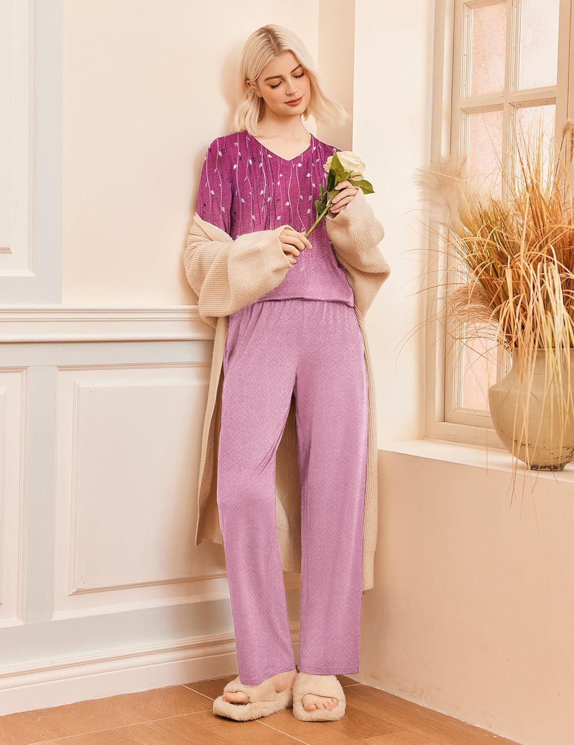 imageEkouaer Womens Pajama Sets Long Sleeve Sleepwear 2 Piece Lounge Set Soft Pjs NightwearPurpleLeaf