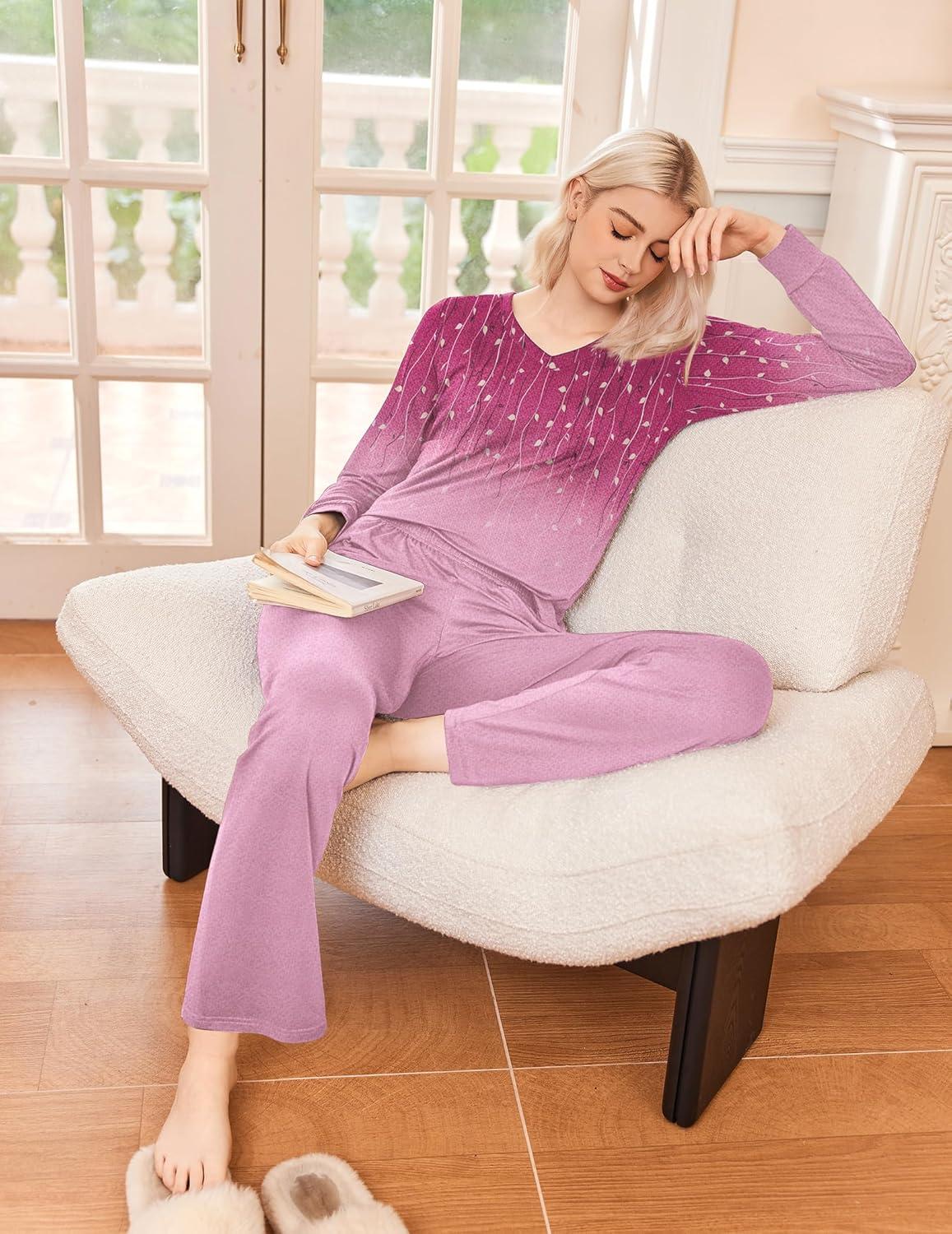 imageEkouaer Womens Pajama Sets Long Sleeve Sleepwear 2 Piece Lounge Set Soft Pjs NightwearPurpleLeaf