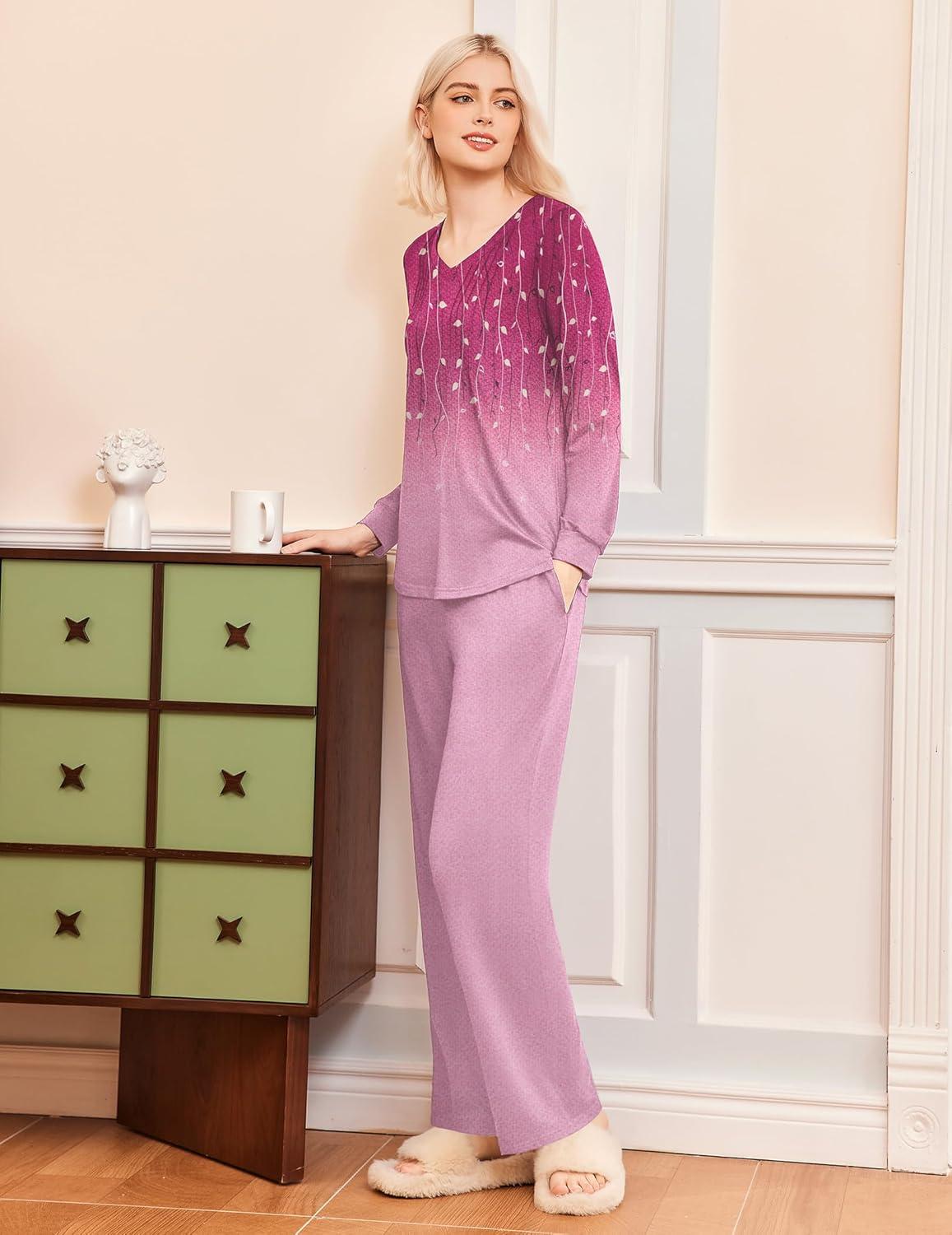 imageEkouaer Womens Pajama Sets Long Sleeve Sleepwear 2 Piece Lounge Set Soft Pjs NightwearPurpleLeaf