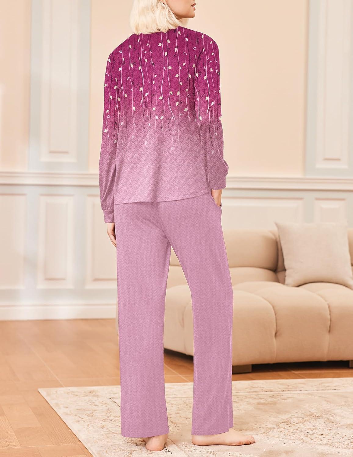 imageEkouaer Womens Pajama Sets Long Sleeve Sleepwear 2 Piece Lounge Set Soft Pjs NightwearPurpleLeaf