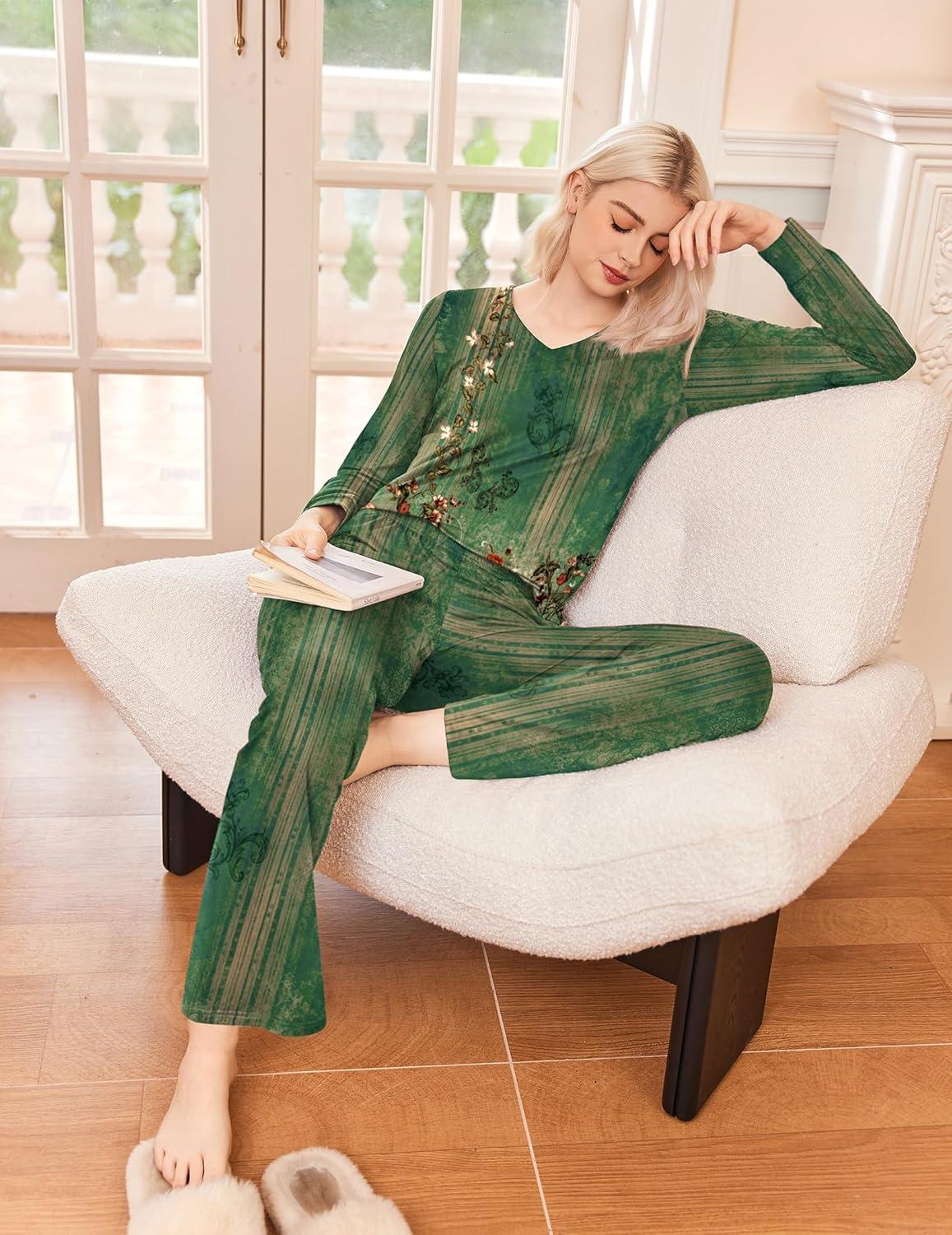 imageEkouaer Womens Pajama Sets Long Sleeve Sleepwear 2 Piece Lounge Set Soft Pjs NightwearRetro Ethnic PatternGreen