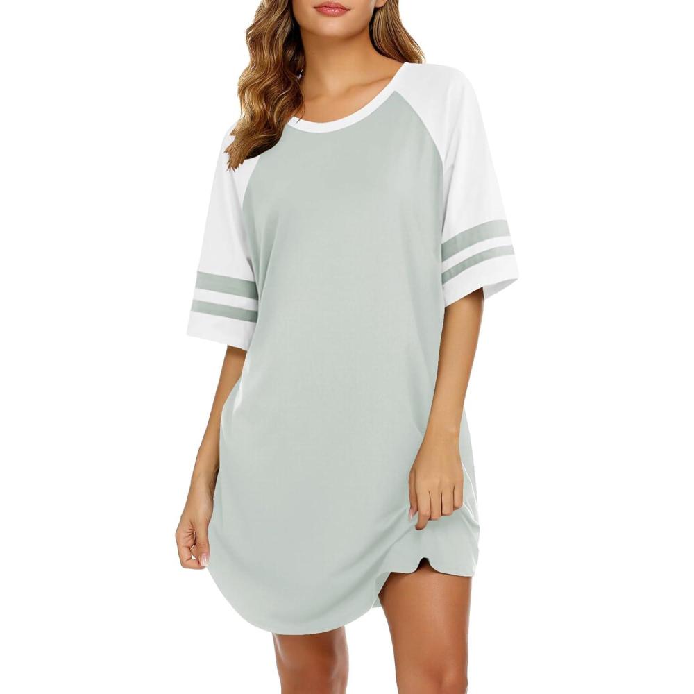 imageEkouaer Cotton Nightgowns for Women Short Sleeve Sleep Shirts Crew Neck Night Shirts Soft Color Block Night GownLight Green