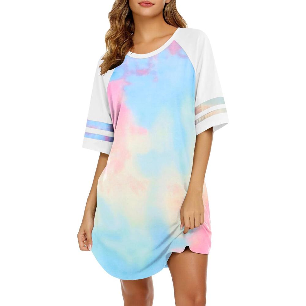 imageEkouaer Cotton Nightgowns for Women Short Sleeve Sleep Shirts Crew Neck Night Shirts Soft Color Block Night GownTie Dye Pink