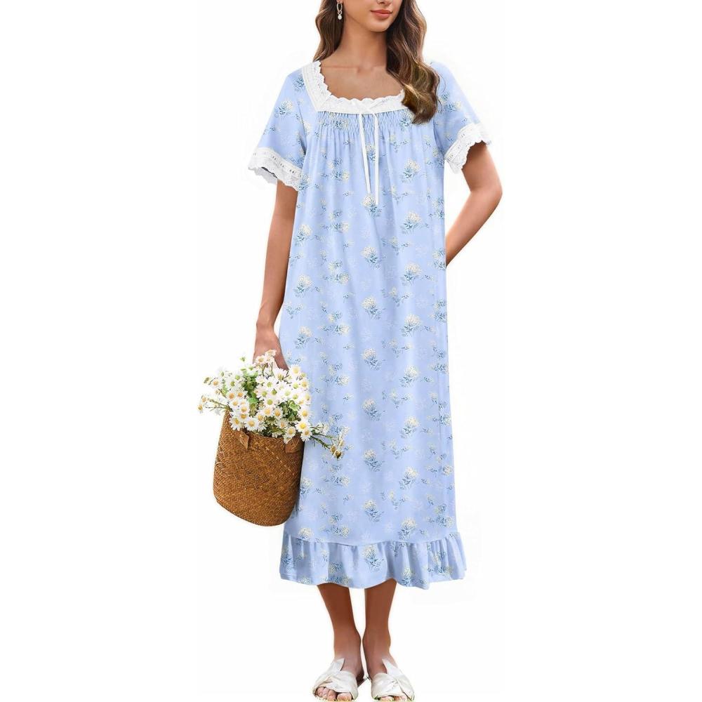 imageEkouaer Cotton Nightgowns for Women Vintage Victorian Nightgown Short Sleeve Lace Night Gown Long Nightdress Soft NightshirtBlue Flowers