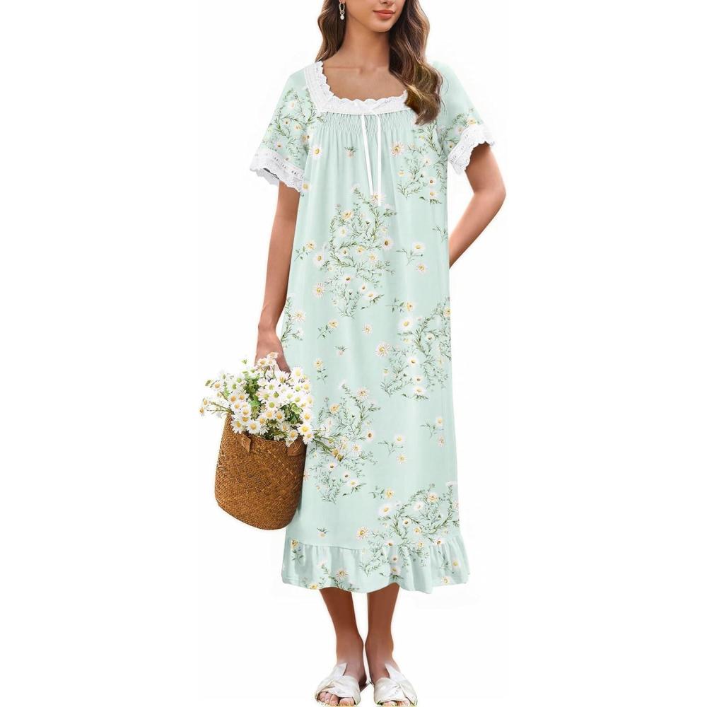 imageEkouaer Cotton Nightgowns for Women Vintage Victorian Nightgown Short Sleeve Lace Night Gown Long Nightdress Soft NightshirtGreen Flowers