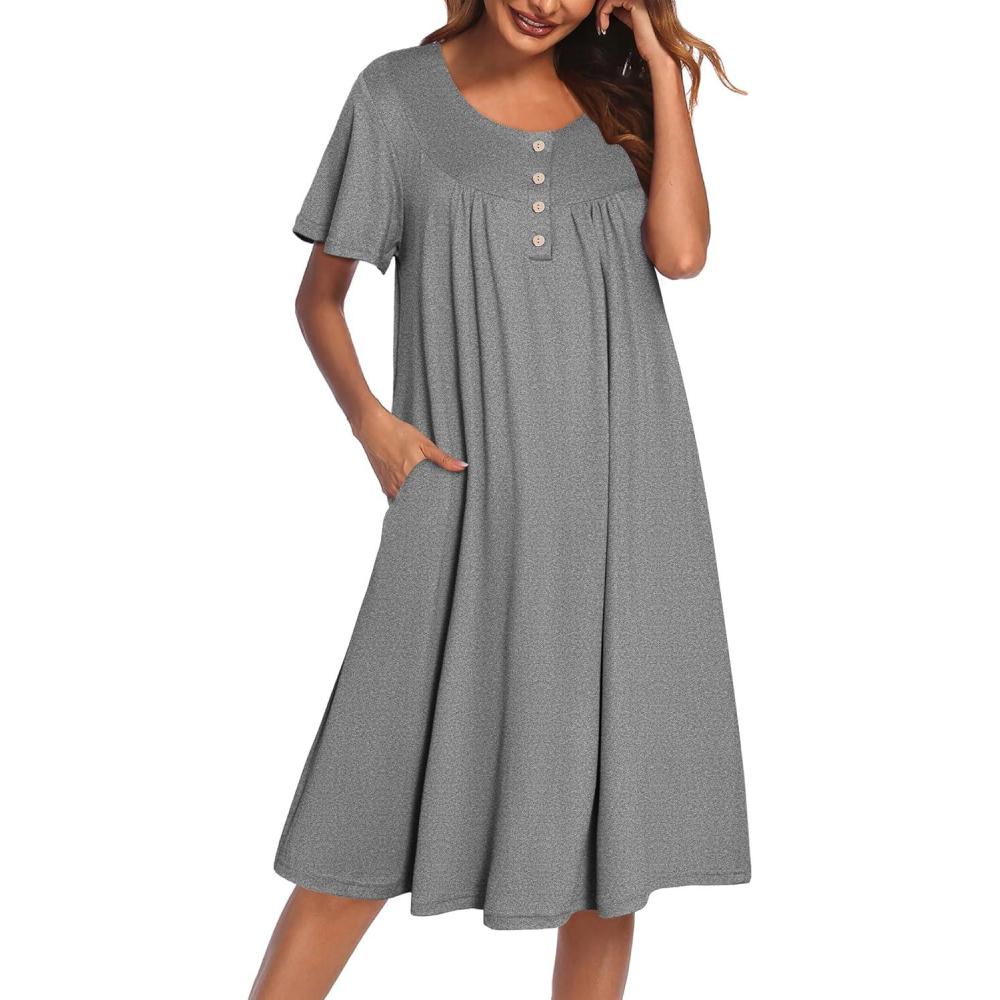 imageEkouaer House Dress for Women with Pockets Short Sleeve Moo Moos Plus Size Nightgowns Floral Print Mumu DressesDark Grey