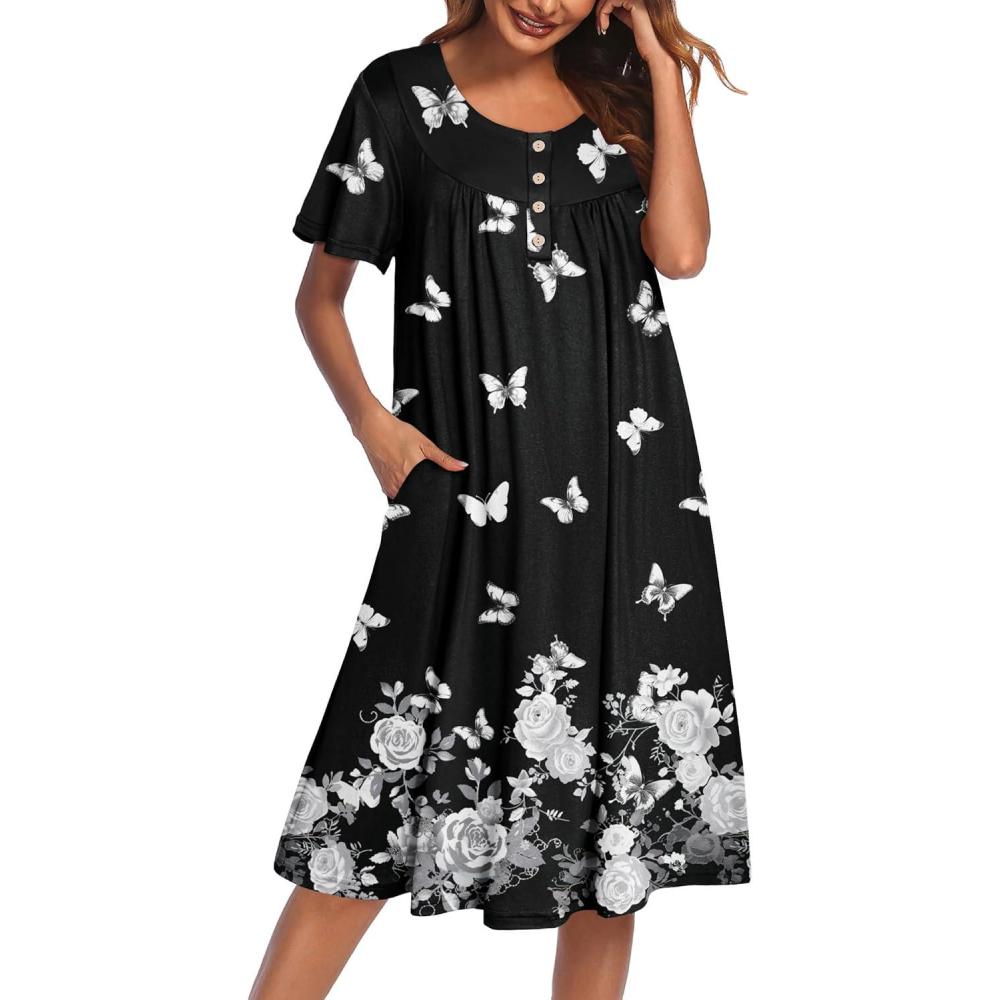 imageEkouaer House Dress for Women with Pockets Short Sleeve Moo Moos Plus Size Nightgowns Floral Print Mumu DressesNew Butterfly Black