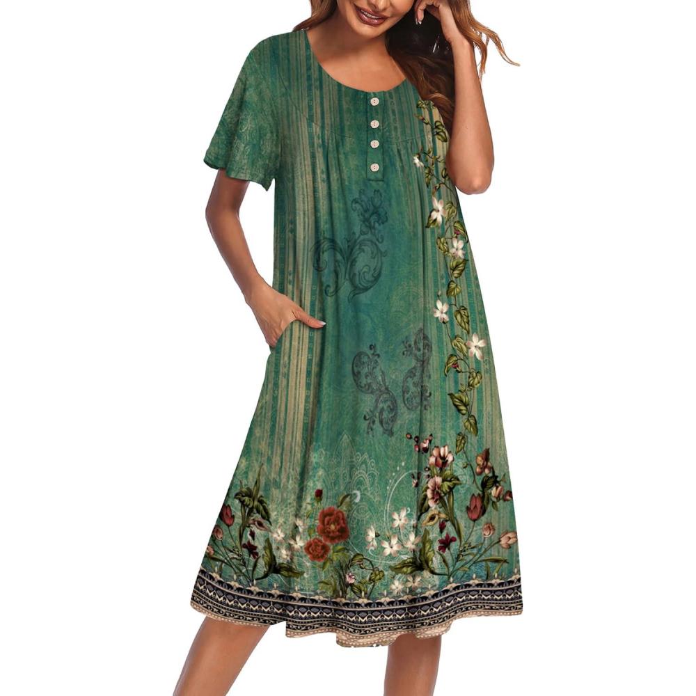 imageEkouaer House Dress for Women with Pockets Short Sleeve Moo Moos Plus Size Nightgowns Floral Print Mumu DressesNew Floral Green