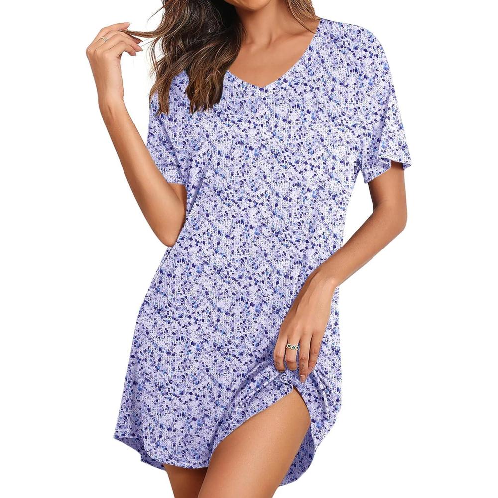 imageEkouaer Nightgowns for Women Bamboo Viscose Sleep Shirts Short Sleeve Night Shirts Casual Sleep Dress Soft SleepwearPurple Flowers