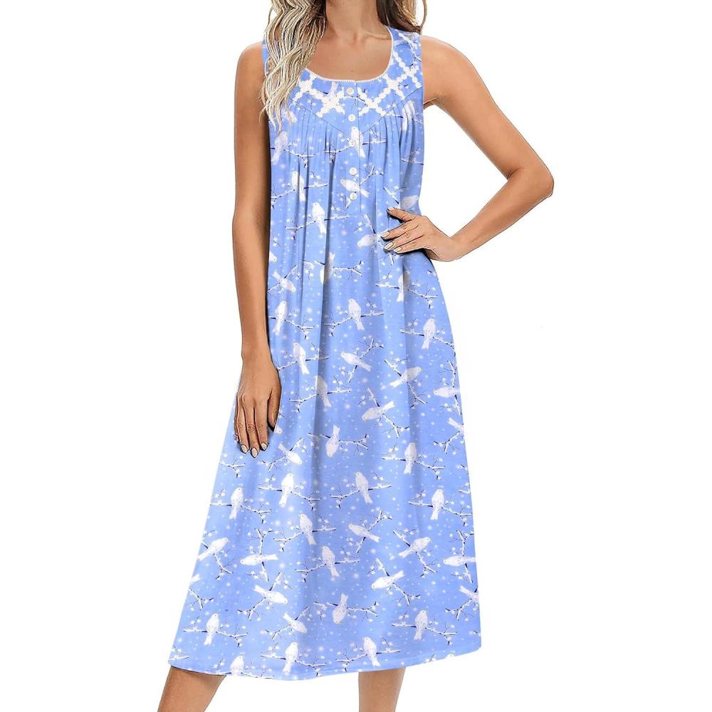 imageEkouaer Nightgowns for Women Cotton Long Night Gown Sleeveless Sleep Dress Victorian Nightdress Ladies Sleepwear SXXXLBlue White Birds
