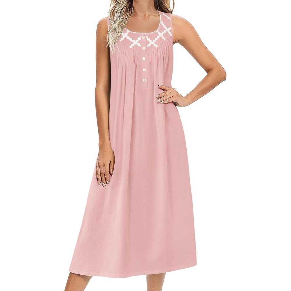 imageEkouaer Nightgowns for Women Cotton Long Night Gown Sleeveless Sleep Dress Victorian Nightdress Ladies Sleepwear SXXXLLight Pink