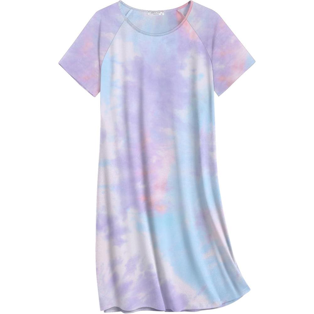 imageEkouaer Nightgowns for Women Cotton Sleep Shirts Short Sleeve Nightshirt Crew Neck Night Gown Comfy Sleepwear Nightdress Purple Tie Dye XLarge