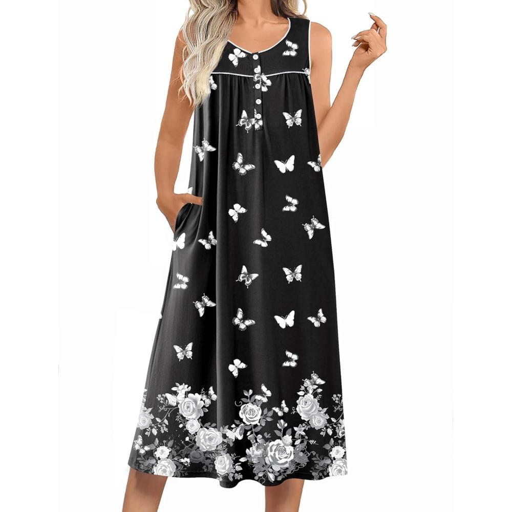 imageEkouaer Nightgowns for Women Long Sleeveless Night Gowns Ladies Soft Nightdress Victorian Sleepwear with Pockets SXXXLBlack  White Butterfly