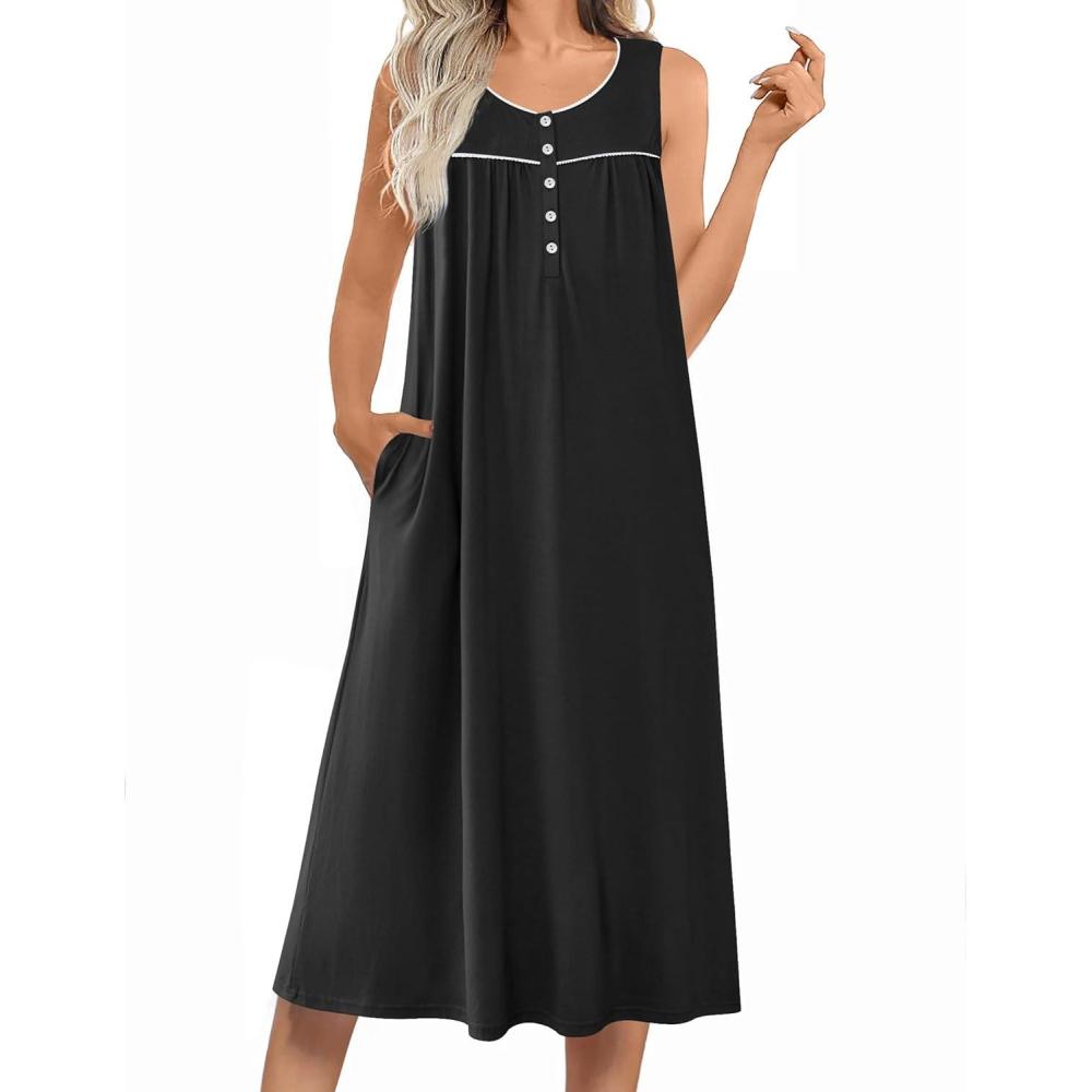 imageEkouaer Nightgowns for Women Long Sleeveless Night Gowns Ladies Soft Nightdress Victorian Sleepwear with Pockets SXXXLBlack
