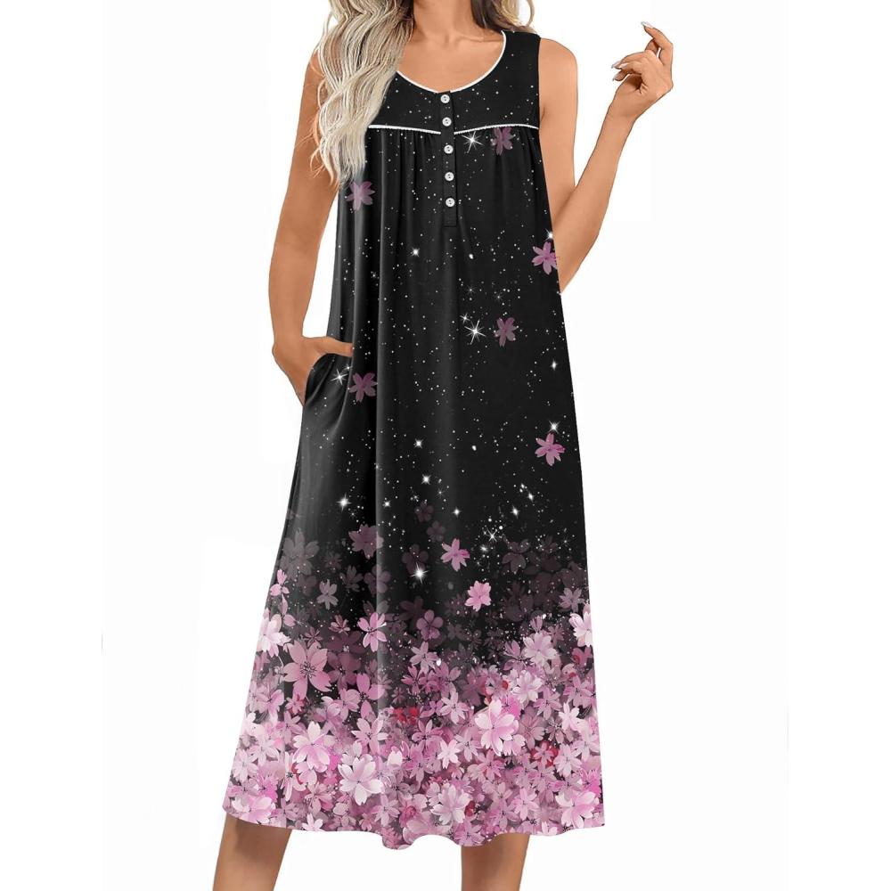 imageEkouaer Nightgowns for Women Long Sleeveless Night Gowns Ladies Soft Nightdress Victorian Sleepwear with Pockets SXXXLBlack Pink Sakura