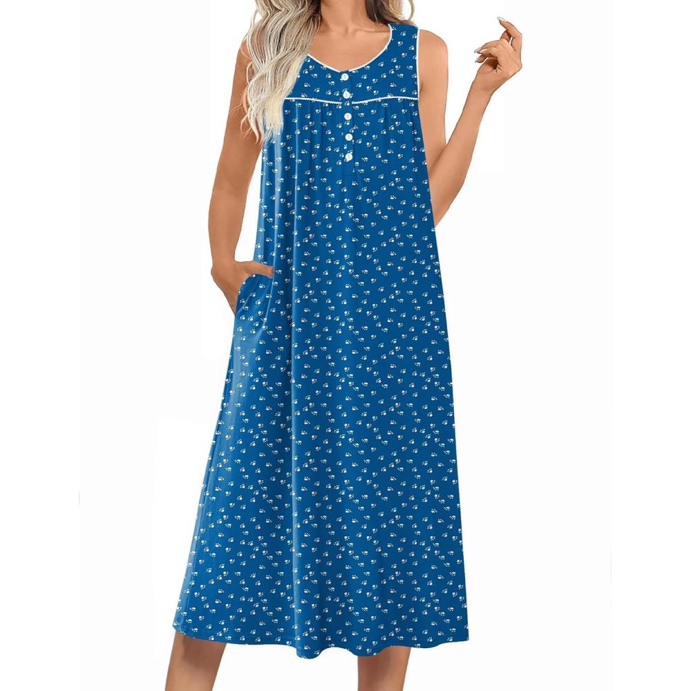 imageEkouaer Nightgowns for Women Long Sleeveless Night Gowns Ladies Soft Nightdress Victorian Sleepwear with Pockets SXXXLBlue White Dogfoot