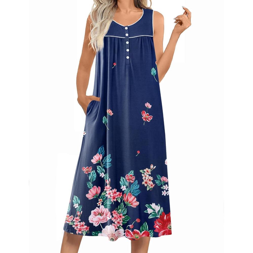 imageEkouaer Nightgowns for Women Long Sleeveless Night Gowns Ladies Soft Nightdress Victorian Sleepwear with Pockets SXXXLBlue Red Flower