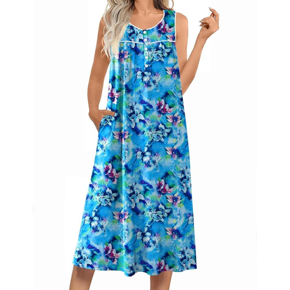 imageEkouaer Nightgowns for Women Long Sleeveless Night Gowns Ladies Soft Nightdress Victorian Sleepwear with Pockets SXXXLBlue Tie Dye
