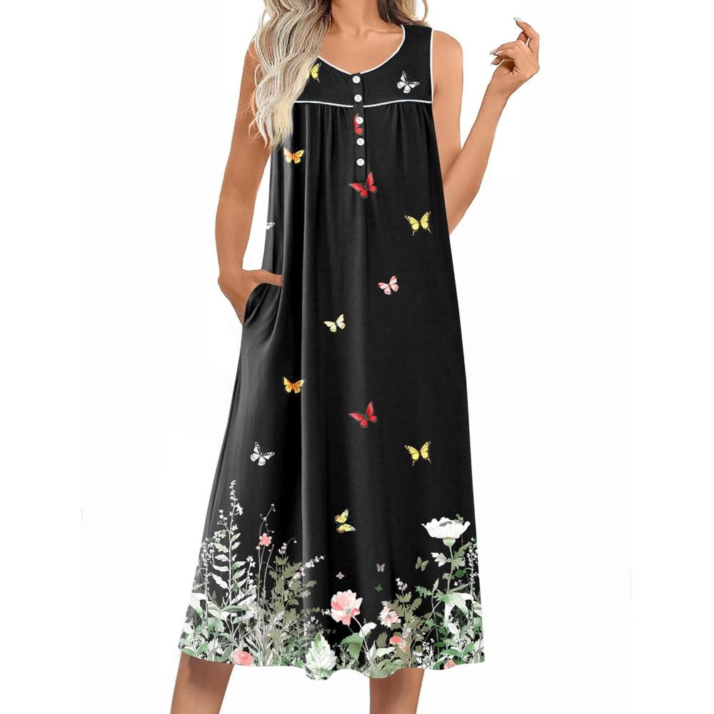 imageEkouaer Nightgowns for Women Long Sleeveless Night Gowns Ladies Soft Nightdress Victorian Sleepwear with Pockets SXXXLFlower Butterfly