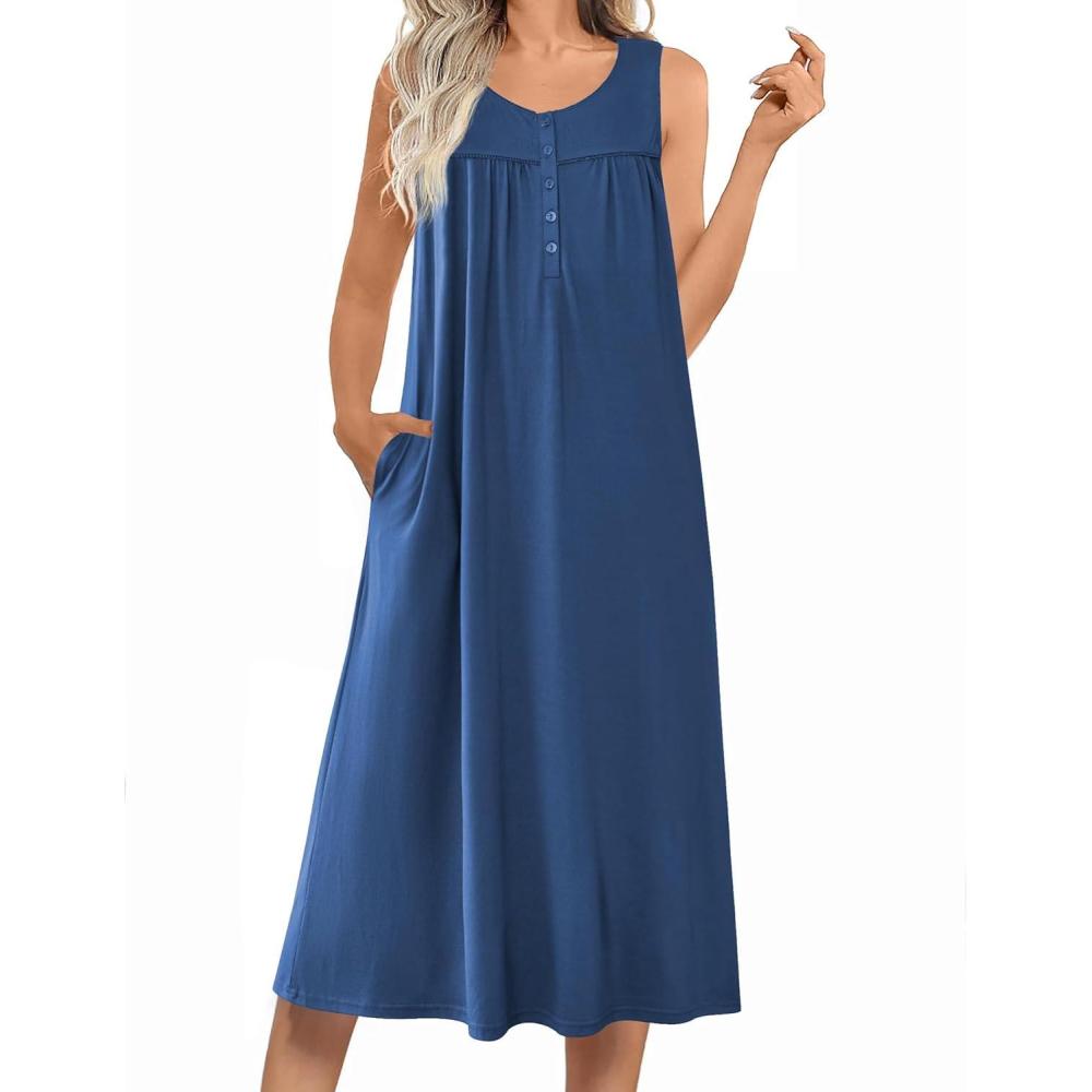 imageEkouaer Nightgowns for Women Long Sleeveless Night Gowns Ladies Soft Nightdress Victorian Sleepwear with Pockets SXXXLNavy