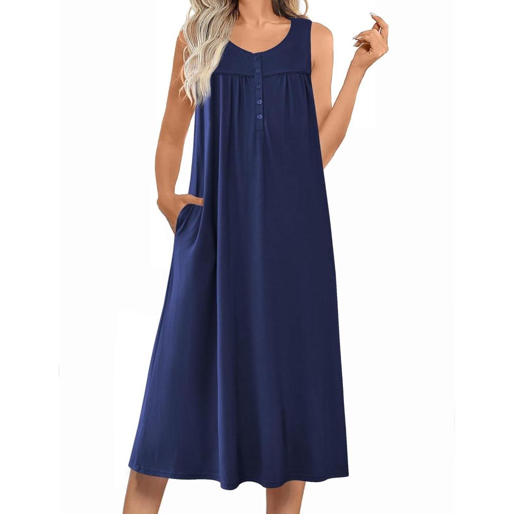 imageEkouaer Nightgowns for Women Long Sleeveless Night Gowns Ladies Soft Nightdress Victorian Sleepwear with Pockets SXXXLNavy Blue