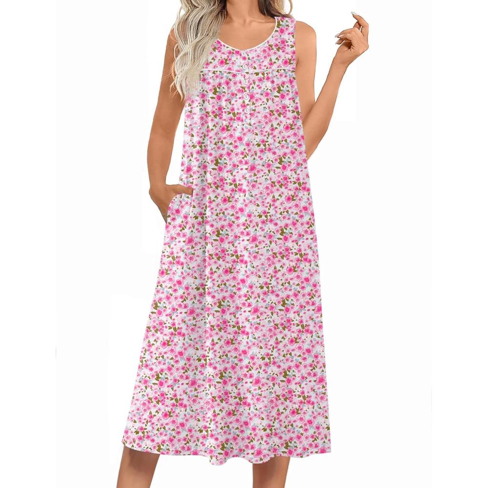 imageEkouaer Nightgowns for Women Long Sleeveless Night Gowns Ladies Soft Nightdress Victorian Sleepwear with Pockets SXXXLPink Florals