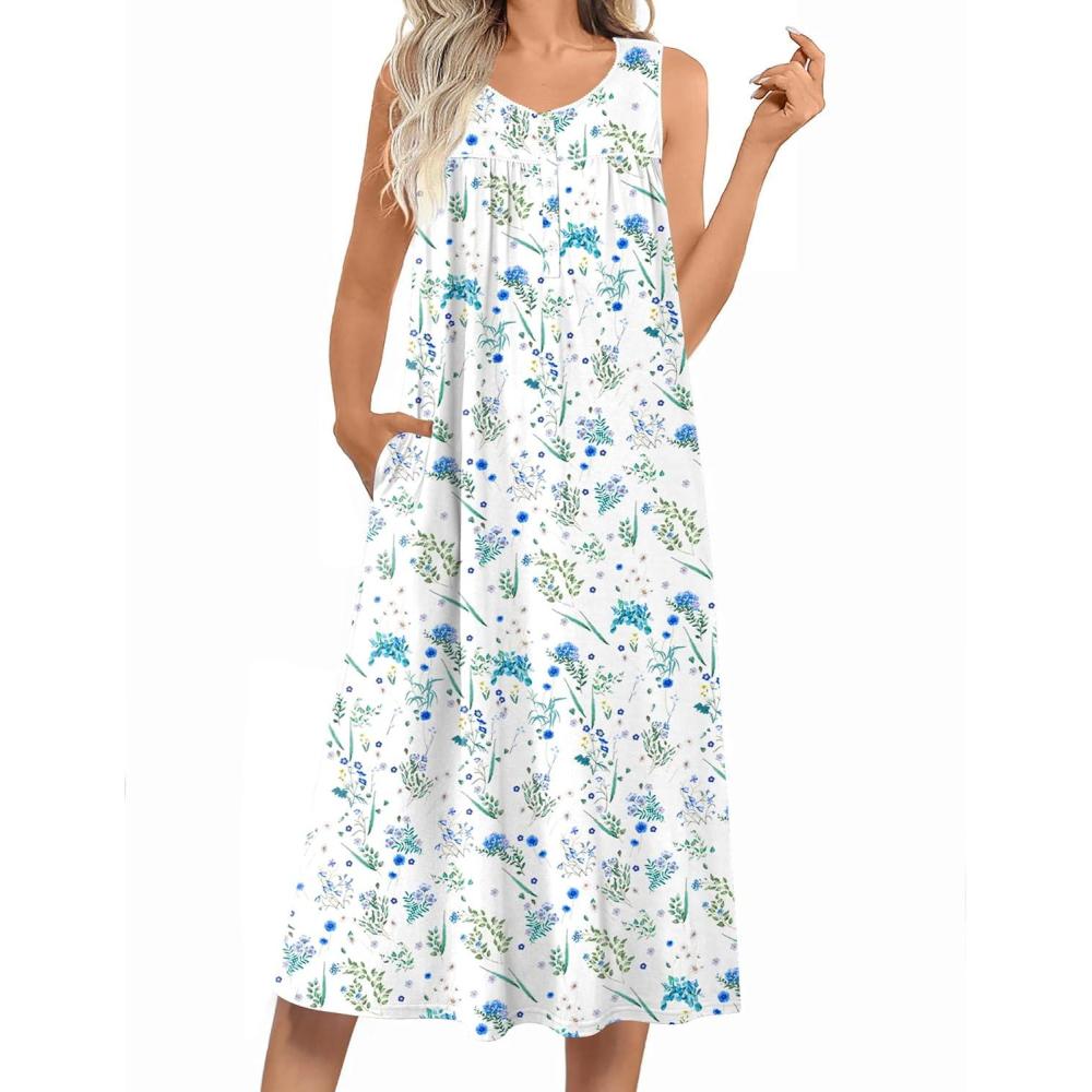 imageEkouaer Nightgowns for Women Long Sleeveless Night Gowns Ladies Soft Nightdress Victorian Sleepwear with Pockets SXXXLWhite  Botanical Flowers