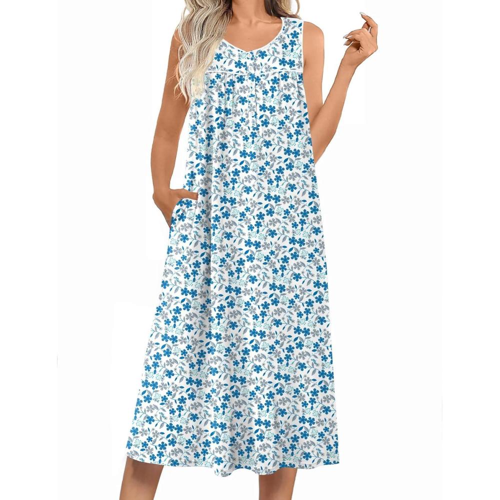 imageEkouaer Nightgowns for Women Long Sleeveless Night Gowns Ladies Soft Nightdress Victorian Sleepwear with Pockets SXXXLWhite Flower Print