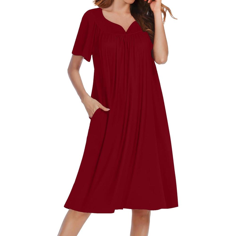 imageEkouaer Nightgowns for Women Short Sleeve House Dress with Pockets Soft Moomoo Pleated Mumu Dresses V Neck SleepwearWine Red