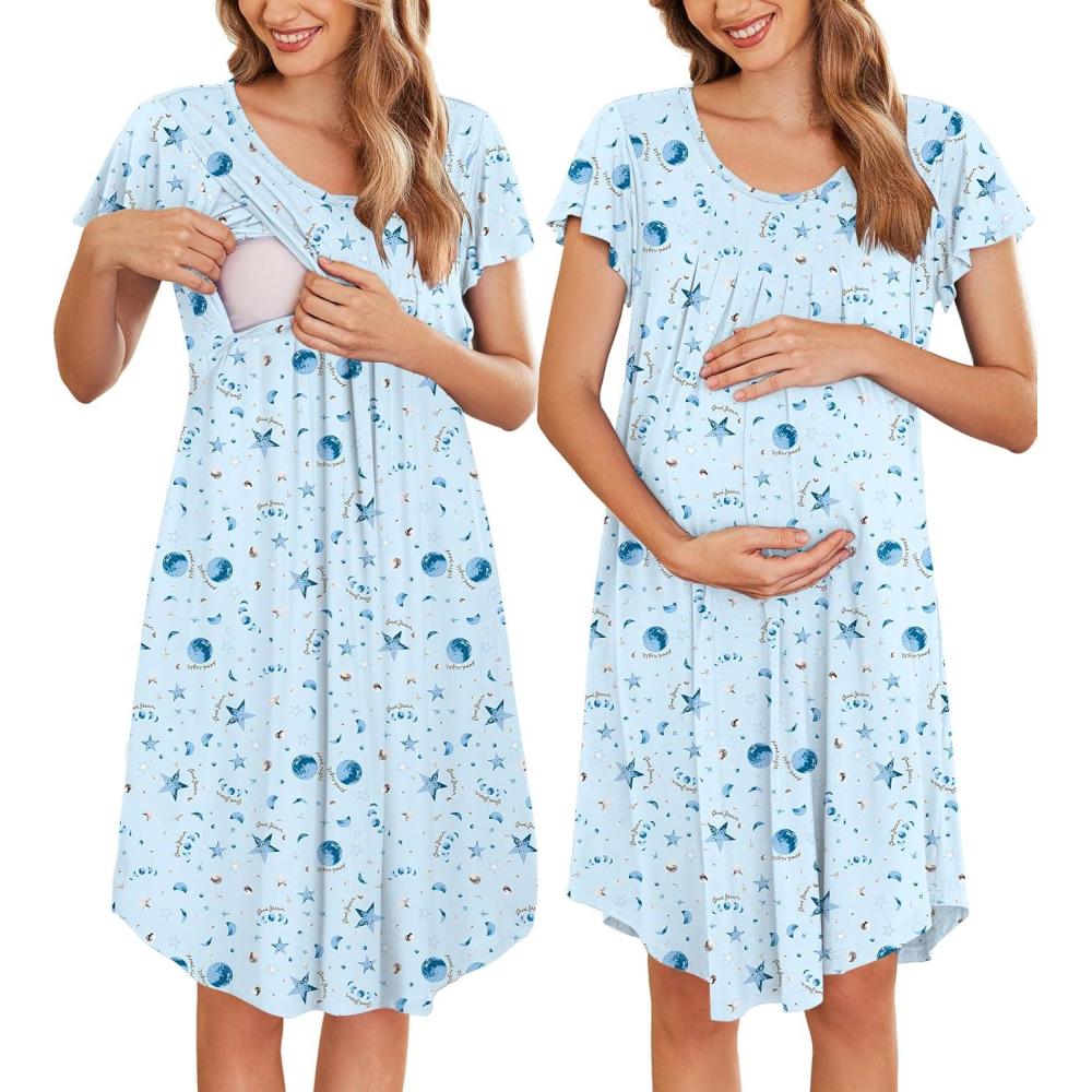 imageEkouaer Nursing Nightgown Labor and Delivery Gown Hospital Breastfeeding Dress for Women Short Sleeve Maternity SleepwearBlue Star
