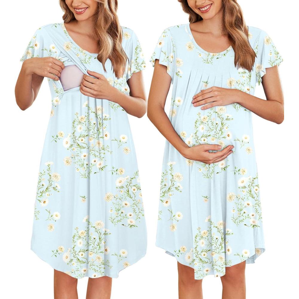 imageEkouaer Nursing Nightgown Labor and Delivery Gown Hospital Breastfeeding Dress for Women Short Sleeve Maternity SleepwearFloral Light Green
