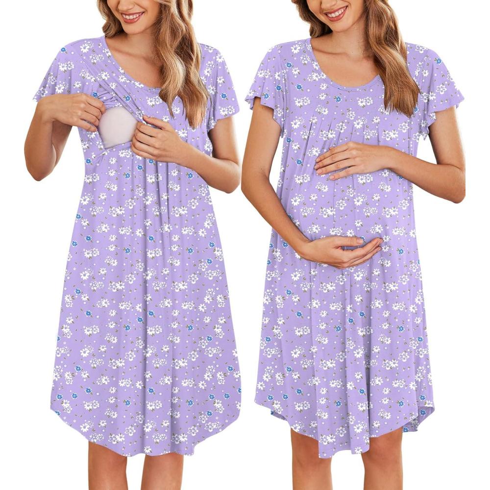 imageEkouaer Nursing Nightgown Labor and Delivery Gown Hospital Breastfeeding Dress for Women Short Sleeve Maternity SleepwearFloral Purple