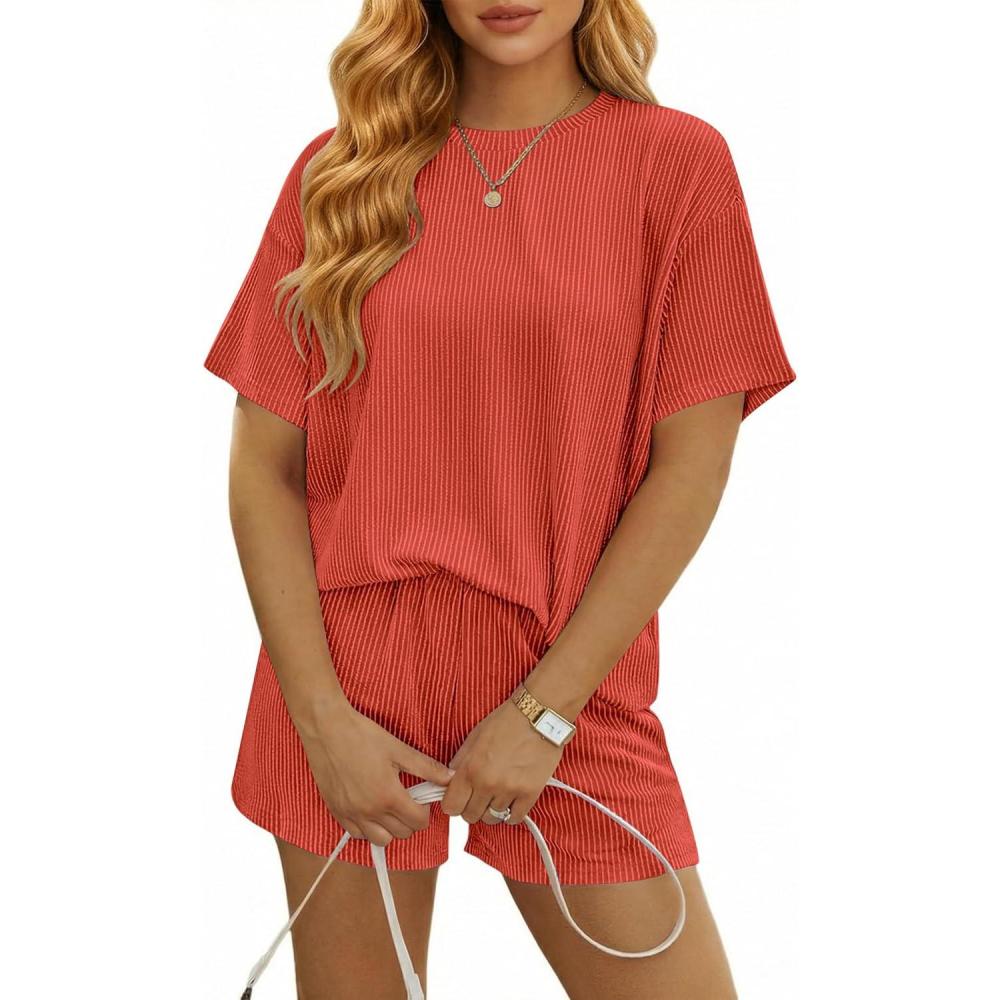 imageEkouaer Rompers for Women 2026 Short Sleeve Ribbed Casual Loose Shorts Jumpsuits Pocket Beach Vacation OutfitsA  Orange