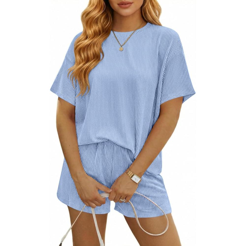 imageEkouaer Rompers for Women 2026 Short Sleeve Ribbed Casual Loose Shorts Jumpsuits Pocket Beach Vacation OutfitsLight Blue
