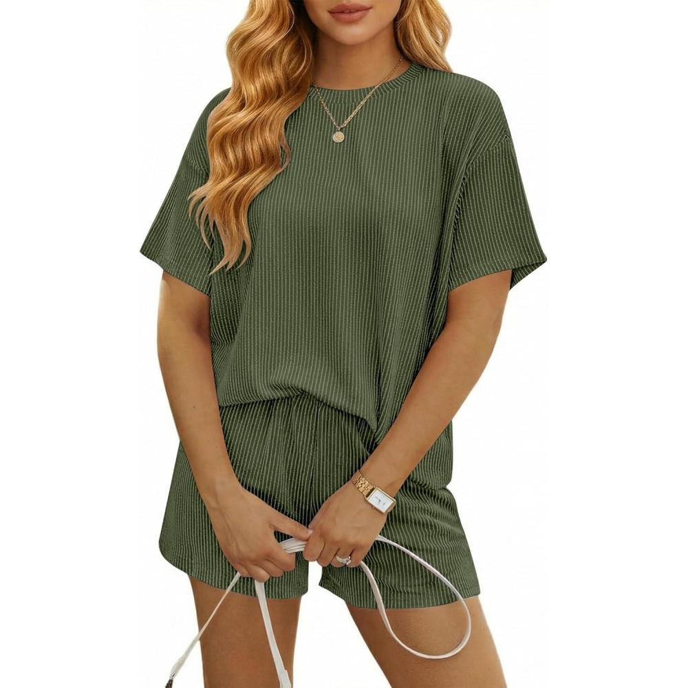 imageEkouaer Rompers for Women 2026 Short Sleeve Ribbed Casual Loose Shorts Jumpsuits Pocket Beach Vacation OutfitsOlive
