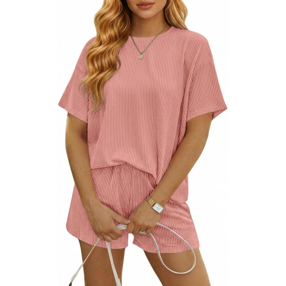 imageEkouaer Rompers for Women 2026 Short Sleeve Ribbed Casual Loose Shorts Jumpsuits Pocket Beach Vacation OutfitsOrange Pink