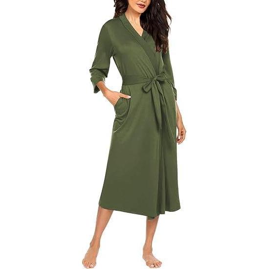imageEkouaer Women Robe Long Knit Bathrobe Lightweight Soft Summer kimono Robes Casual Loungewear with Attached beltArmy Green