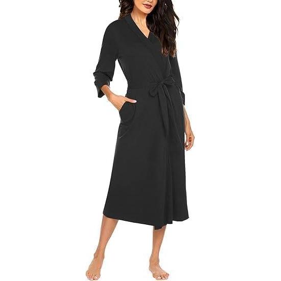 imageEkouaer Women Robe Long Knit Bathrobe Lightweight Soft Summer kimono Robes Casual Loungewear with Attached beltBlack