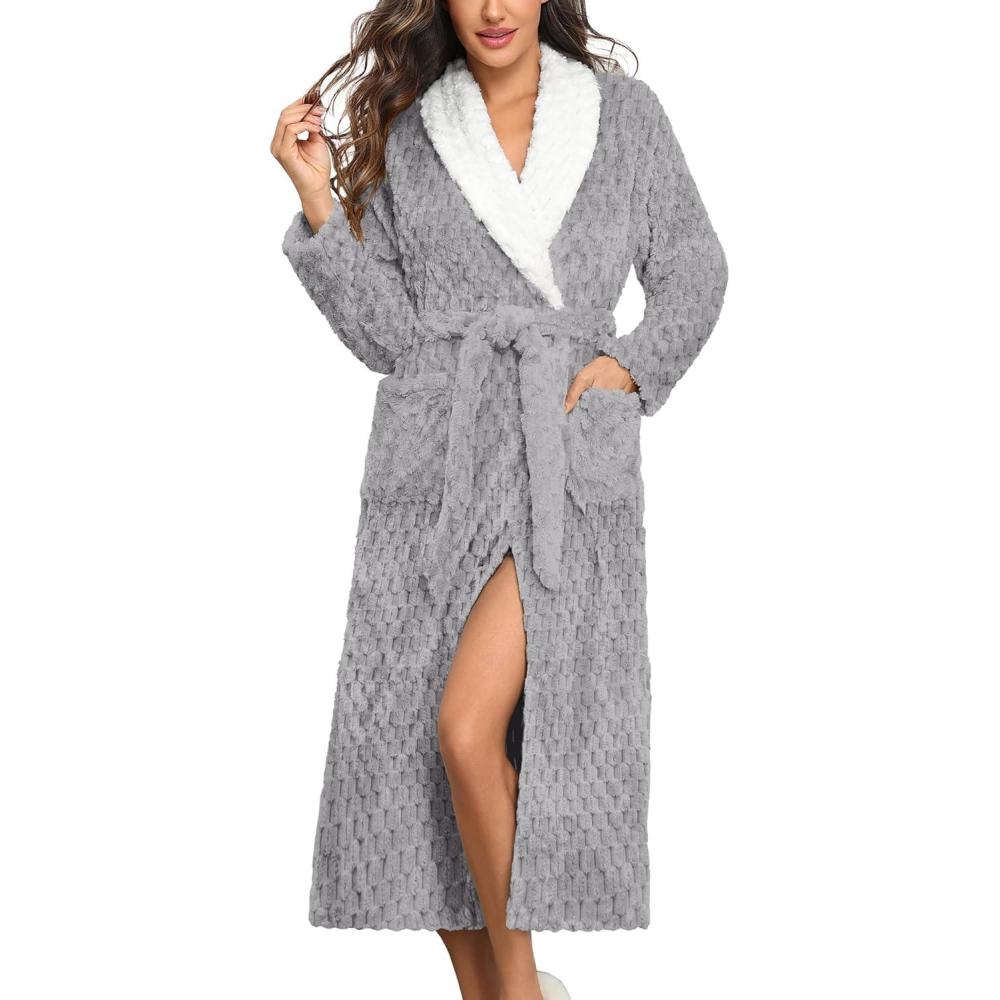 imageEkouaer Womens Bathrobe Plush Warm Fuzzy Jacquard Robe Color Block Long Soft Fleece House Robes Light Grey L