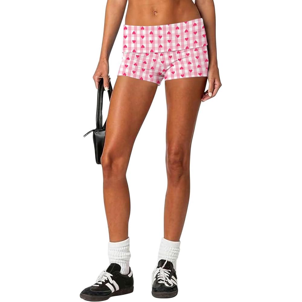 imageEkouaer Womens Fold Over Shorts Sexy Low Waist Lounge Shorts Y2K Pajama Micro Bottoms Summer Foldover Sleep ShortsHeart Plaid