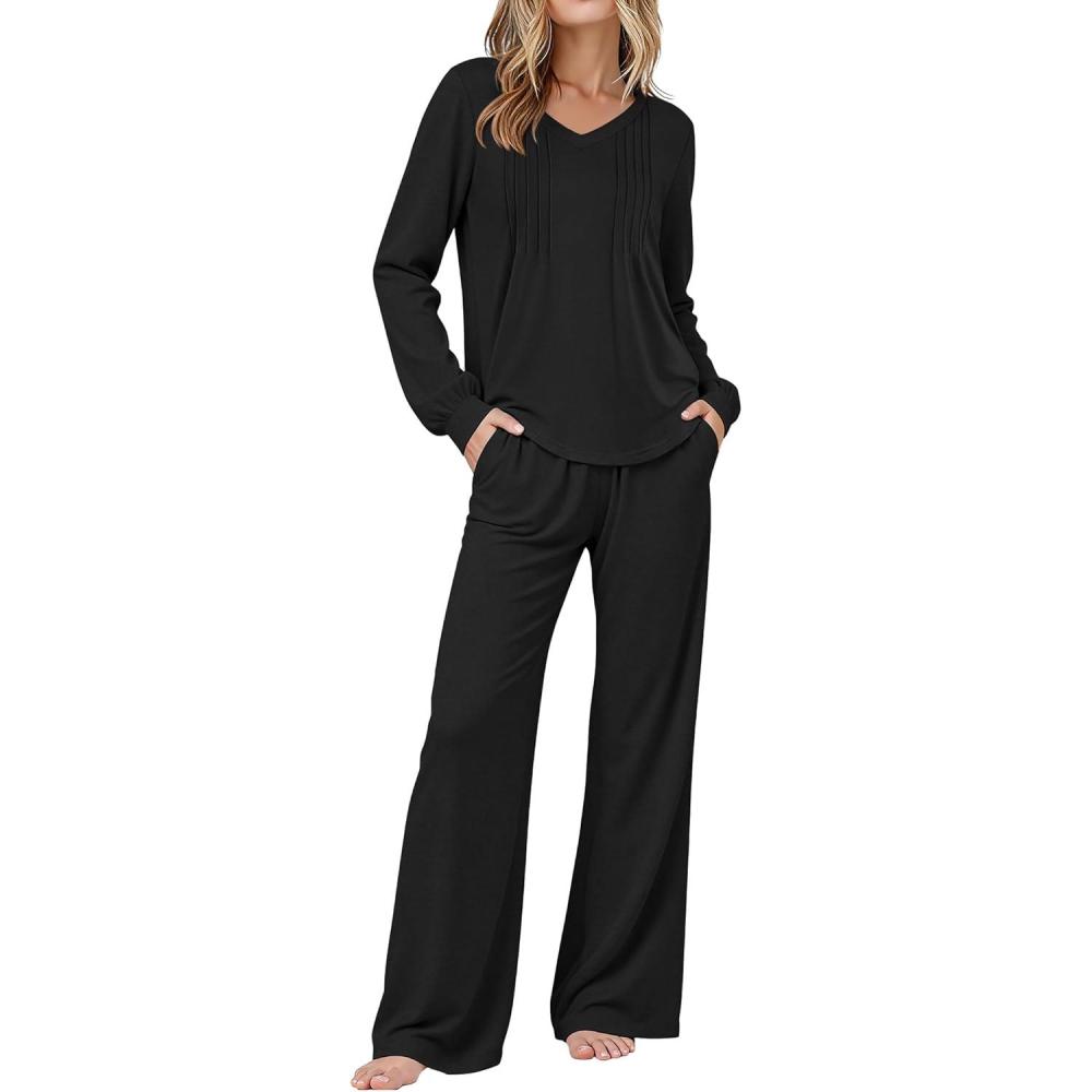 imageEkouaer Womens Pajama Sets Long Sleeve Sleepwear 2 Piece Lounge Set Soft Pjs NightwearBlack
