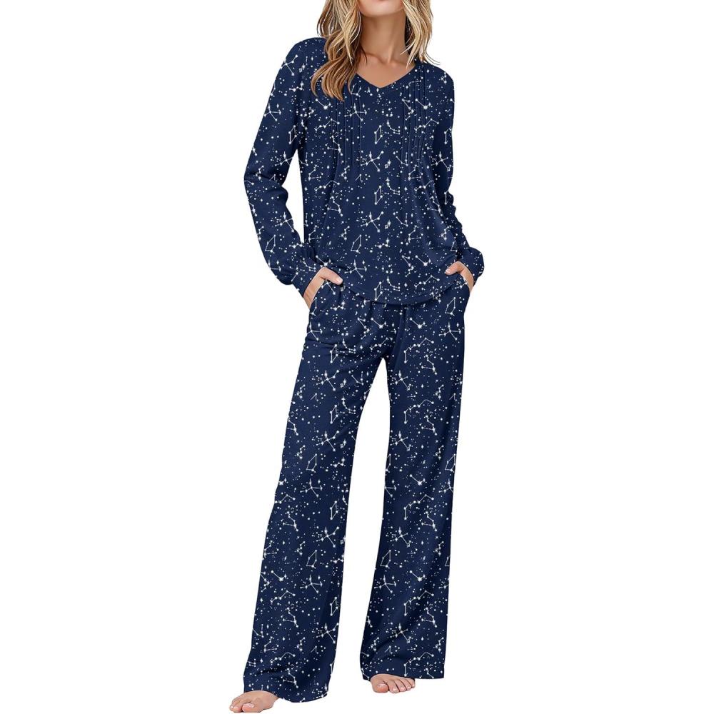 imageEkouaer Womens Pajama Sets Long Sleeve Sleepwear 2 Piece Lounge Set Soft Pjs NightwearBlue Starry Sky