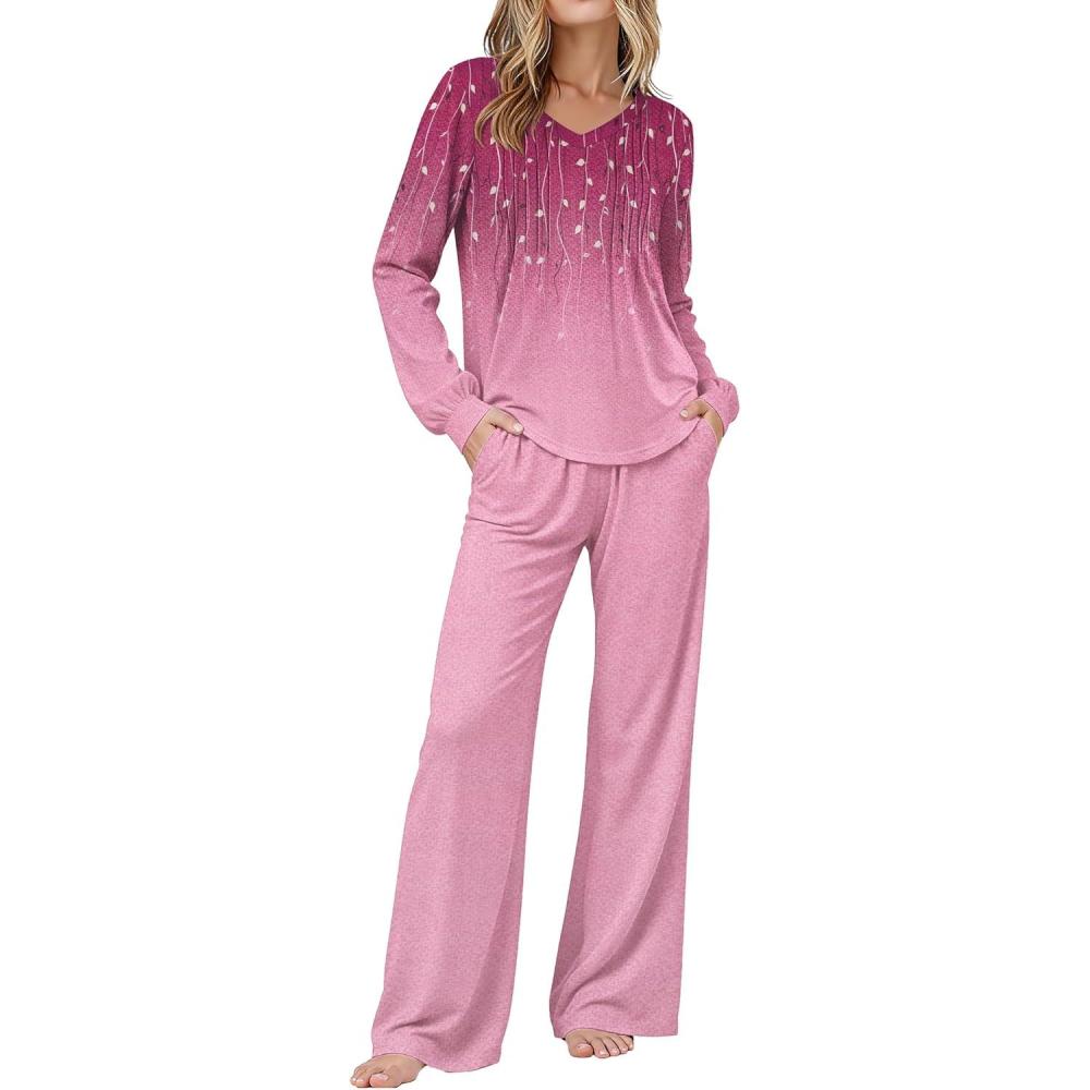 imageEkouaer Womens Pajama Sets Long Sleeve Sleepwear 2 Piece Lounge Set Soft Pjs NightwearPurpleLeaf