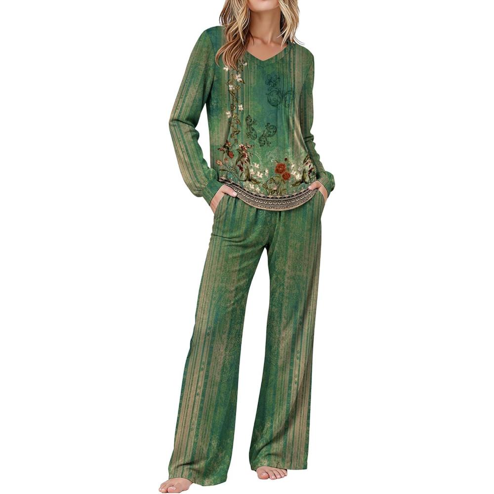 imageEkouaer Womens Pajama Sets Long Sleeve Sleepwear 2 Piece Lounge Set Soft Pjs NightwearRetro Ethnic PatternGreen