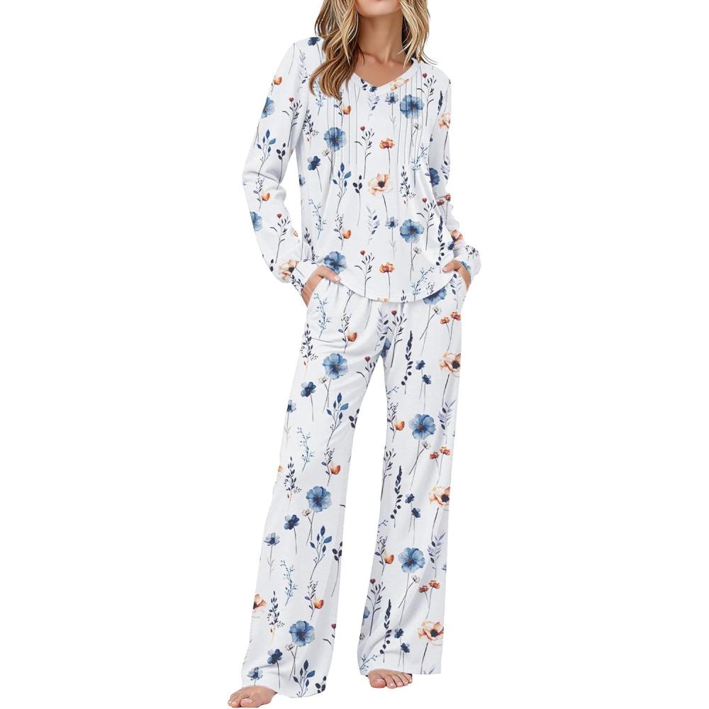 imageEkouaer Womens Pajama Sets Long Sleeve Sleepwear 2 Piece Lounge Set Soft Pjs NightwearWhiteBlueFlower