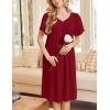 Ekouaer Nightgowns for Women Short Sleeve House Dress with Pockets Soft Moomoo Pleated Mumu Dresses V Neck Sleepwear(Wine Red)