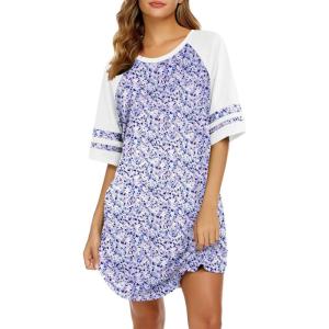 Ekouaer Cotton Nightgowns for Women Short Sleeve Sleep Shirts Crew Neck Night Shirts Soft Color Block Night Gown(Floral Purple)