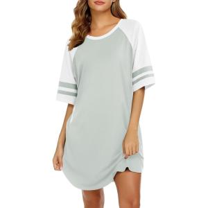 Ekouaer Cotton Nightgowns for Women Short Sleeve Sleep Shirts Crew Neck Night Shirts Soft Color Block Night Gown(Light Green)